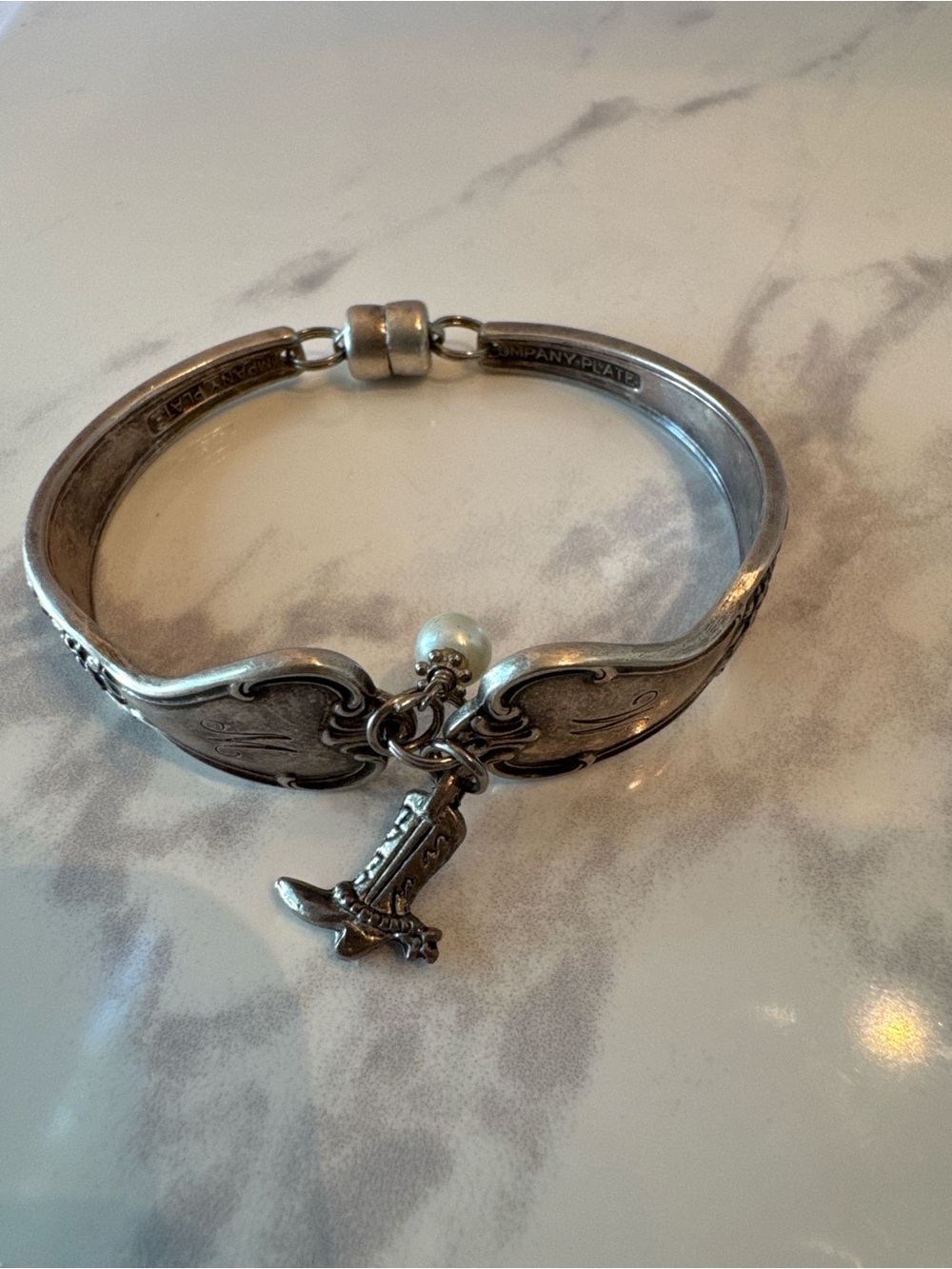Silver Spoon Bracelet with Cowgirl Boot Charm and Pearl Accent